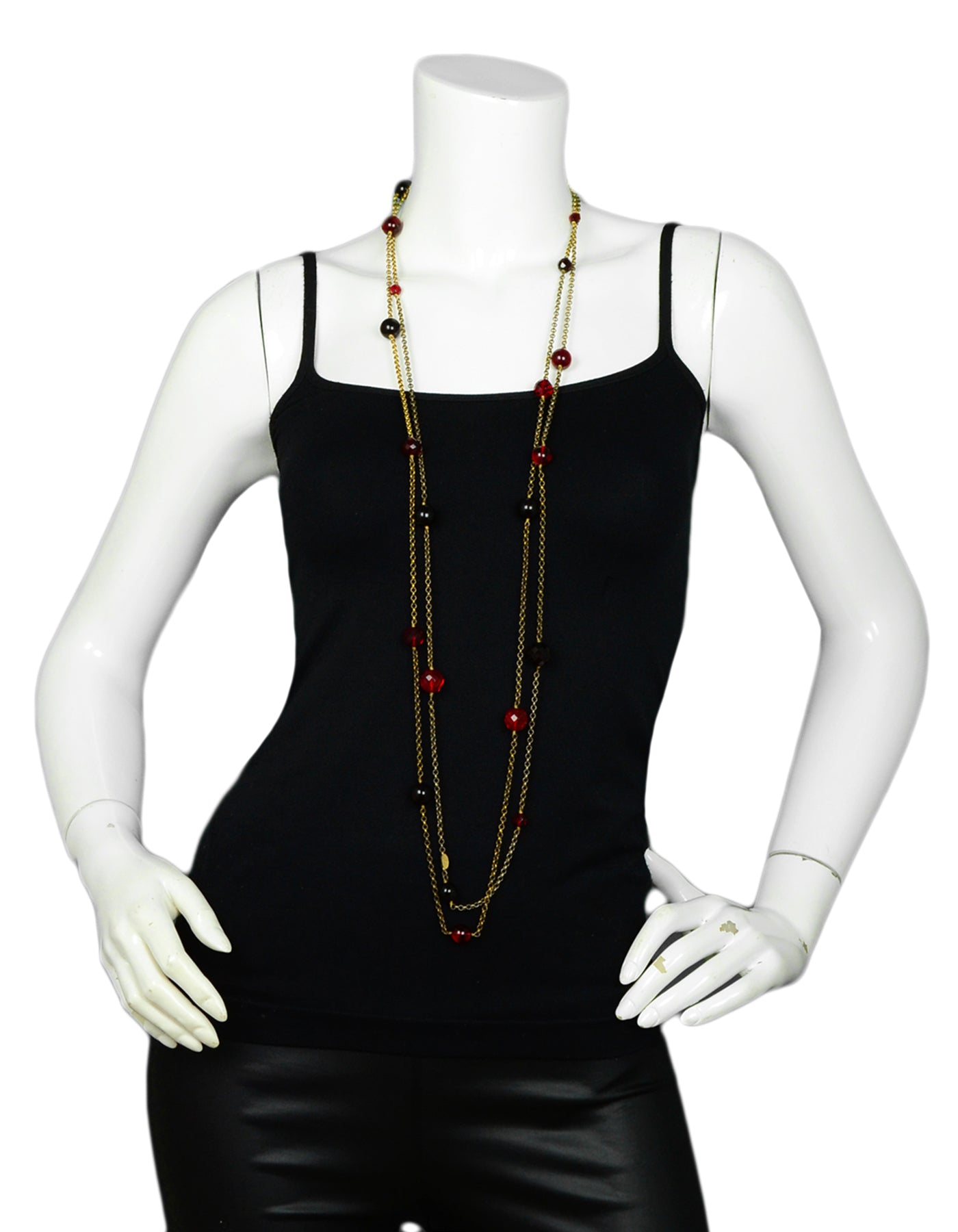 Chanel Red Gripoix & Crystal Goldtone 92" Necklace