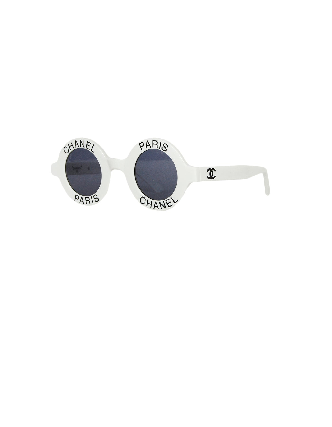 Chanel '90S White Round Frame Sunglasses W/ Chanel Paris Bag