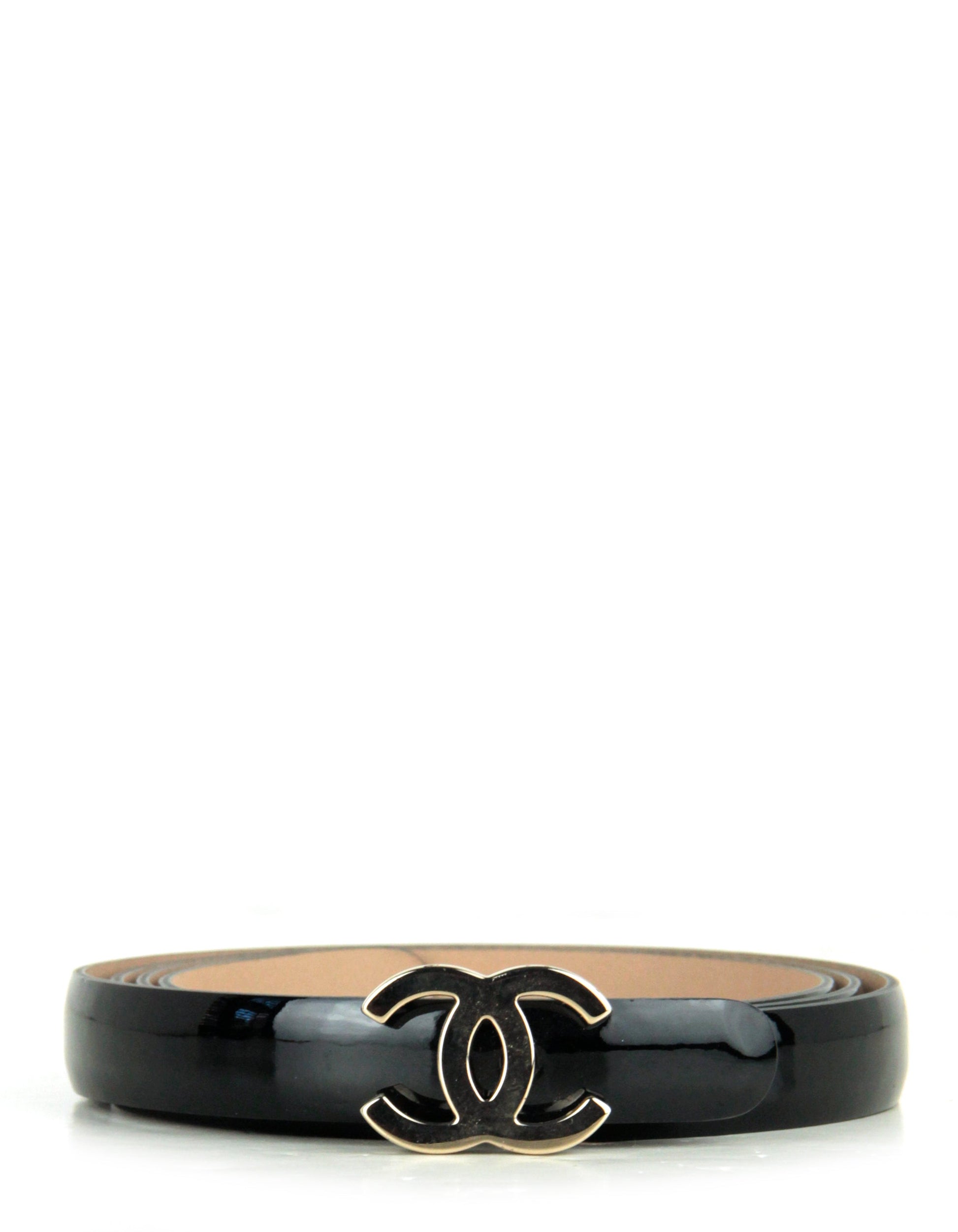 Chanel Black Patent Calfskin Leather Cc Logo Skinny Belt Sz 90 Bag