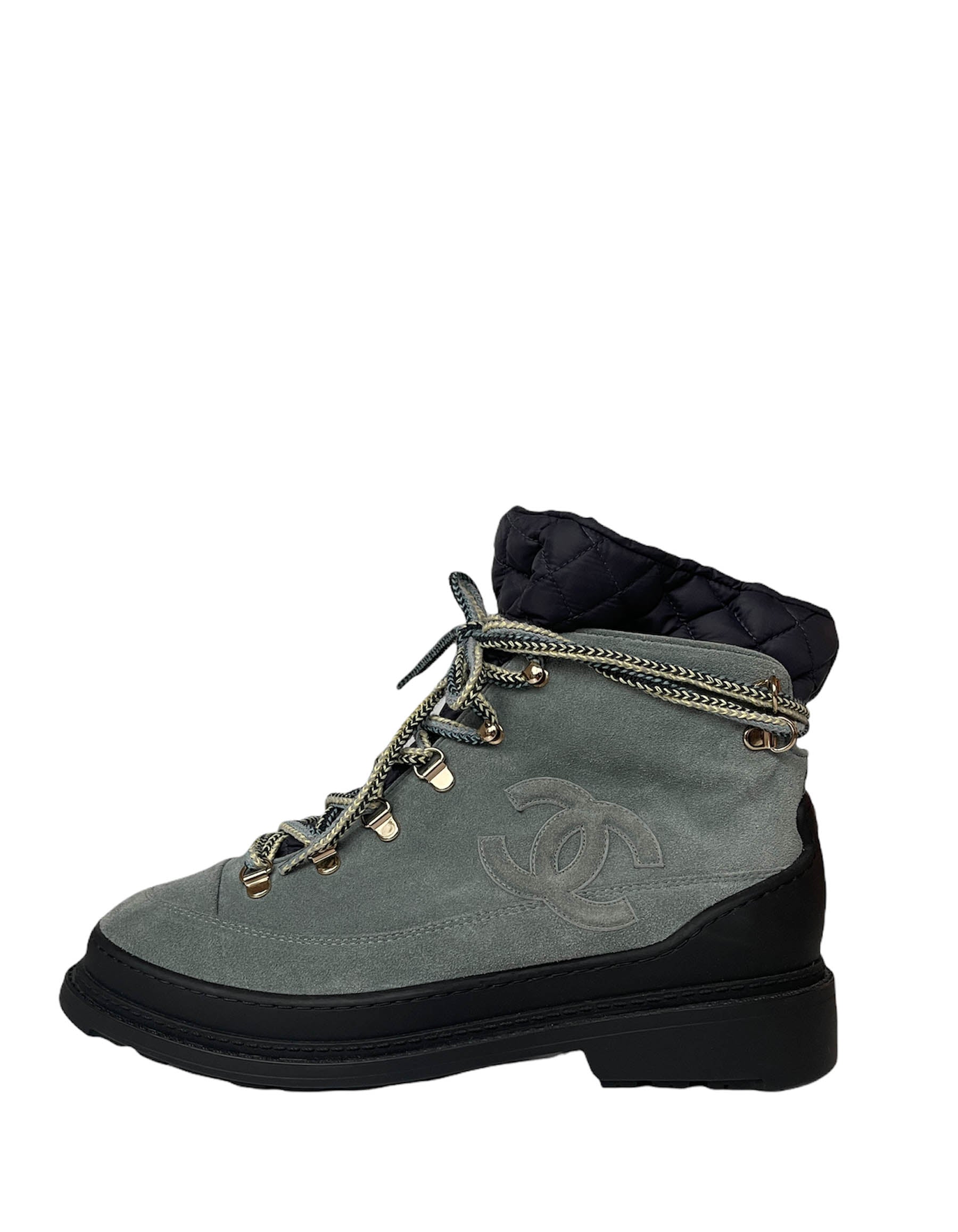 Chanel New Slate Blue Suede Logo Lace Up Boots Sz 40