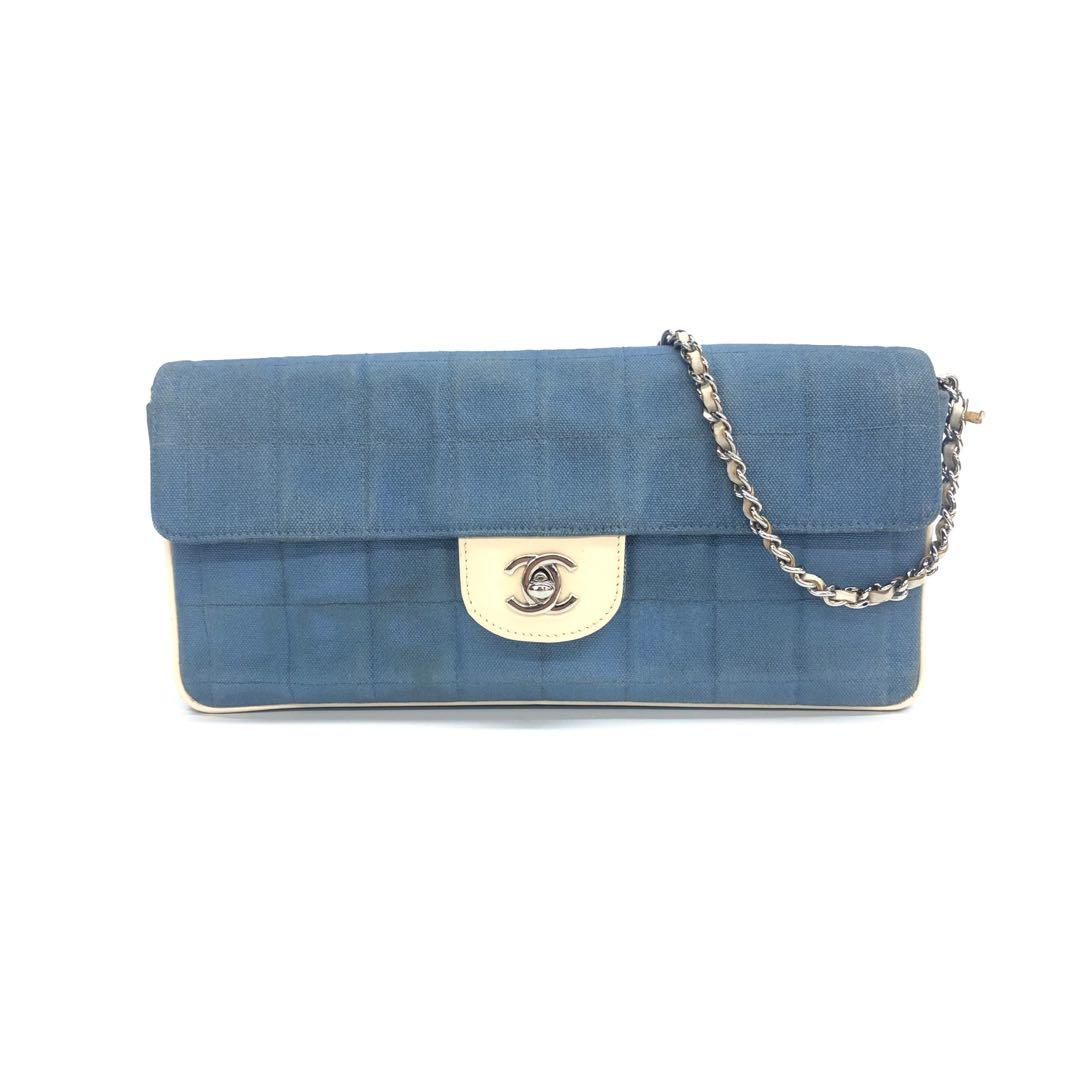 Chanel East West Chocolate Bar Denim Piping Blue Silver Beige Leather Handbag