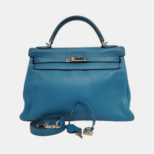 Hermes Kelly Retourne Clemence B Bleu Zanzibar Palladium Leather Travel Bag