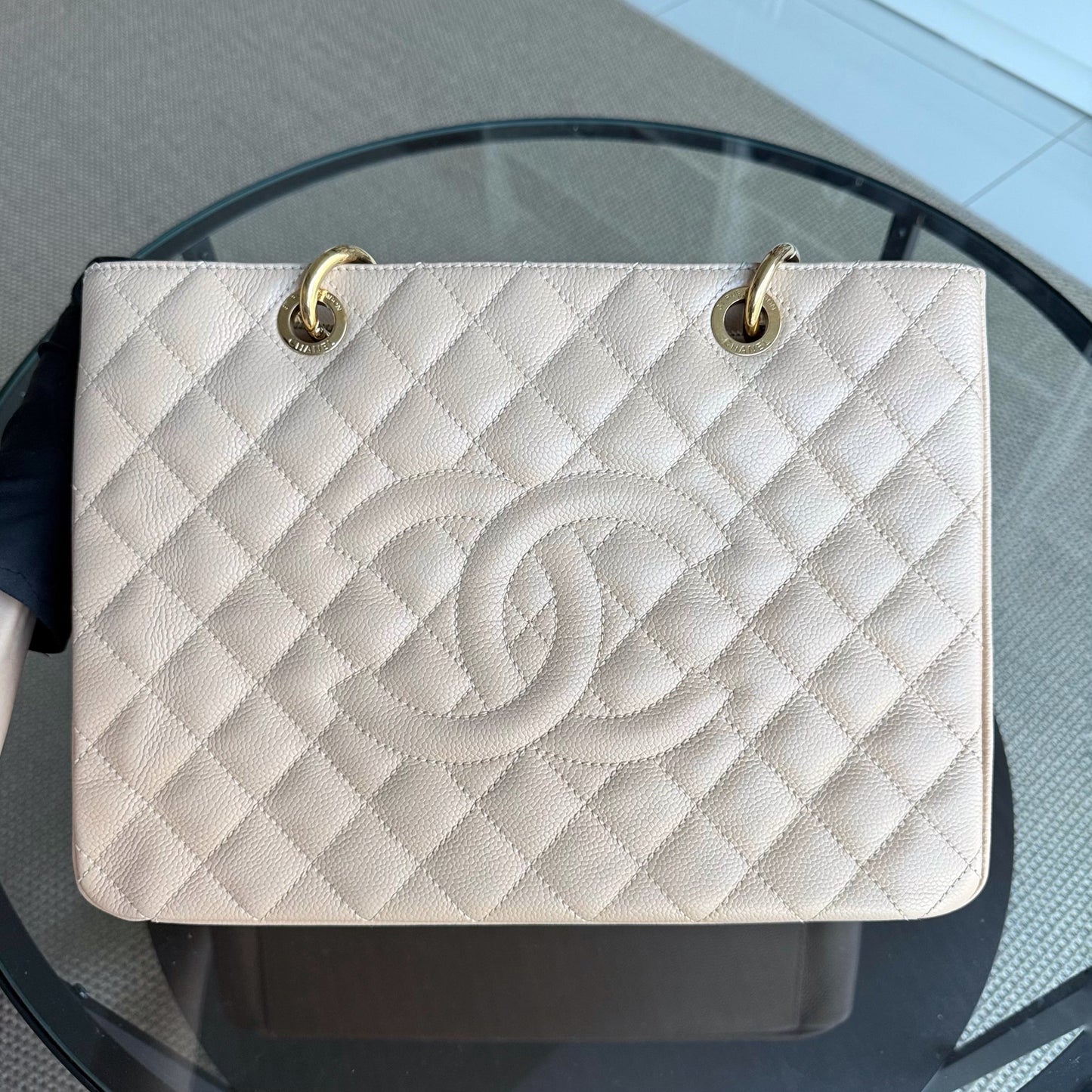 Chanel GST Grand Shopping Tote - Caviar Grained Beige Gold Tote Bag