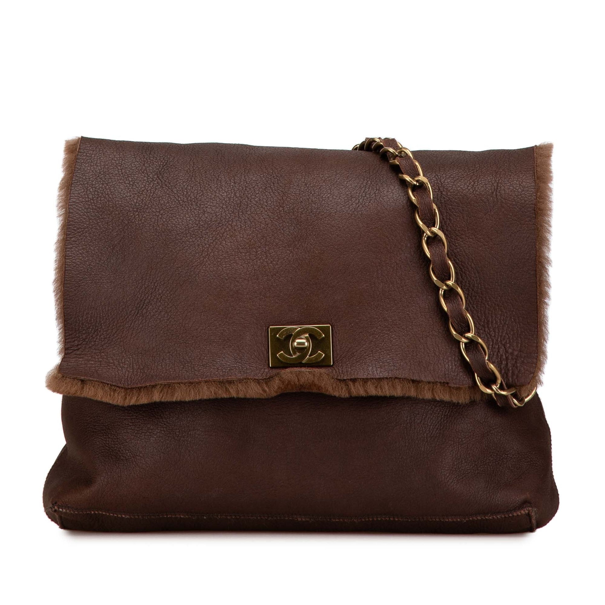 Brown Chanel Shearling Trim Nubuck Chain Flap Crossbody Bag
