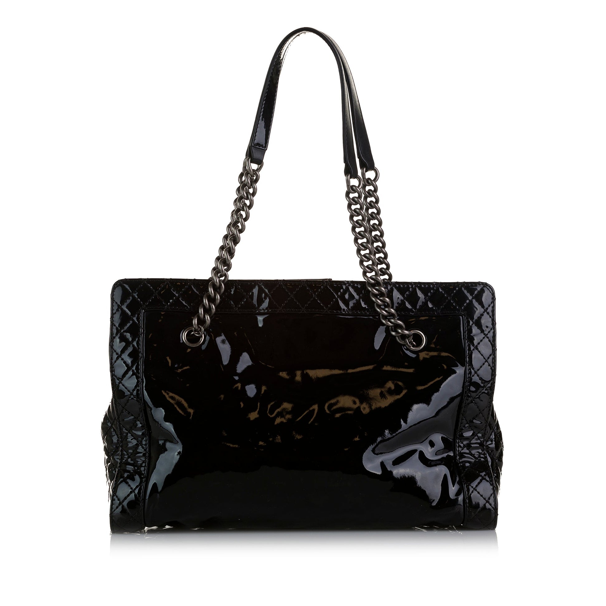 Black Chanel Patent Boy Reverso Shopping Tote