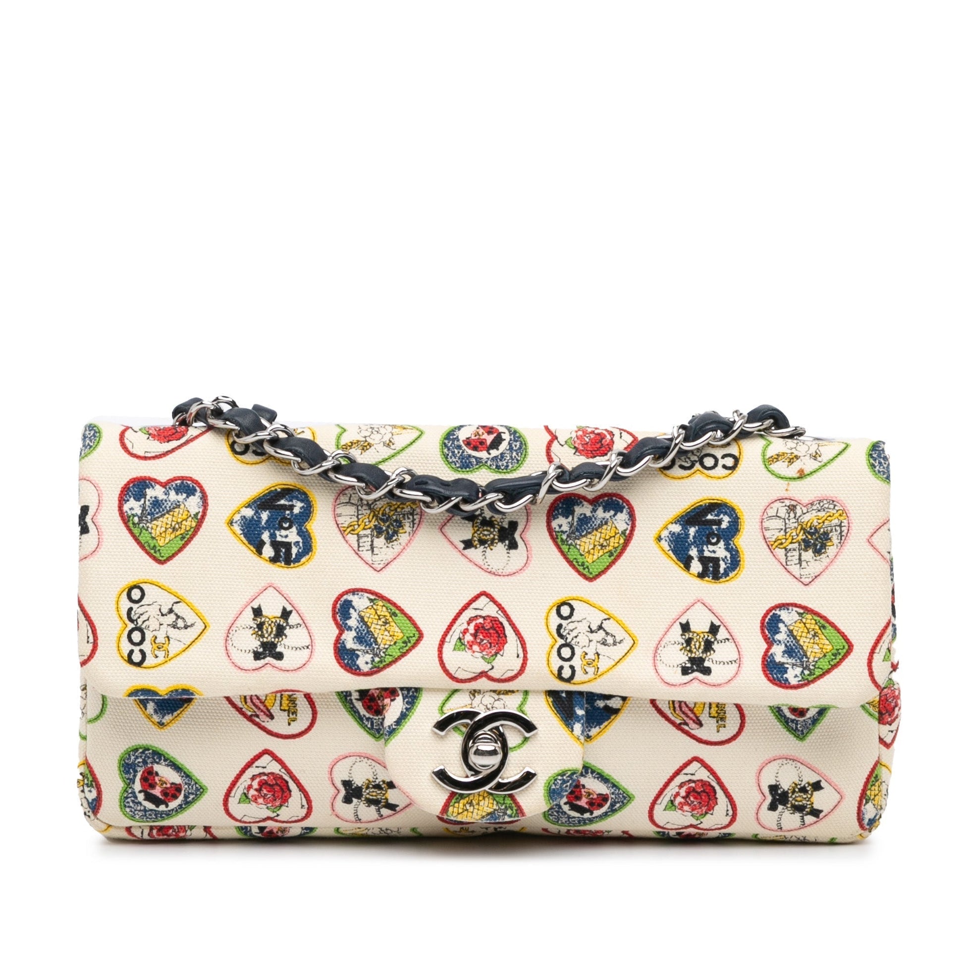 White Chanel Small Canvas Valentine Heart Flap Shoulder Bag