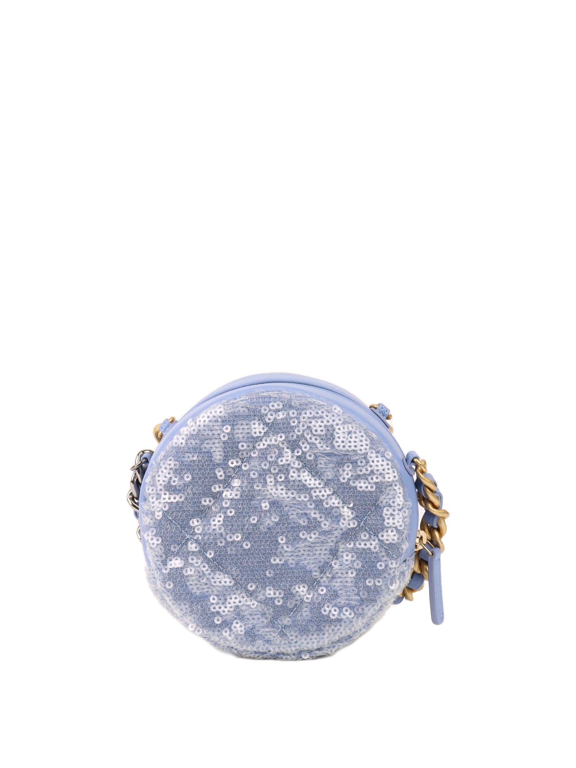 Chanel 19 Round Blue Sequinned Clutch With Chain
