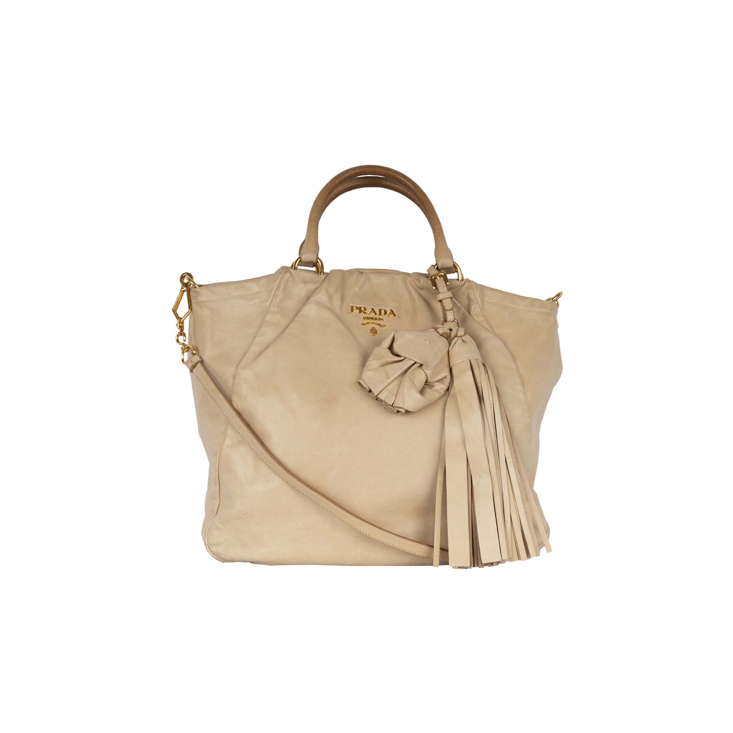 Prada Hobo Handbag With Strap Leather Beige Shoulder Bag