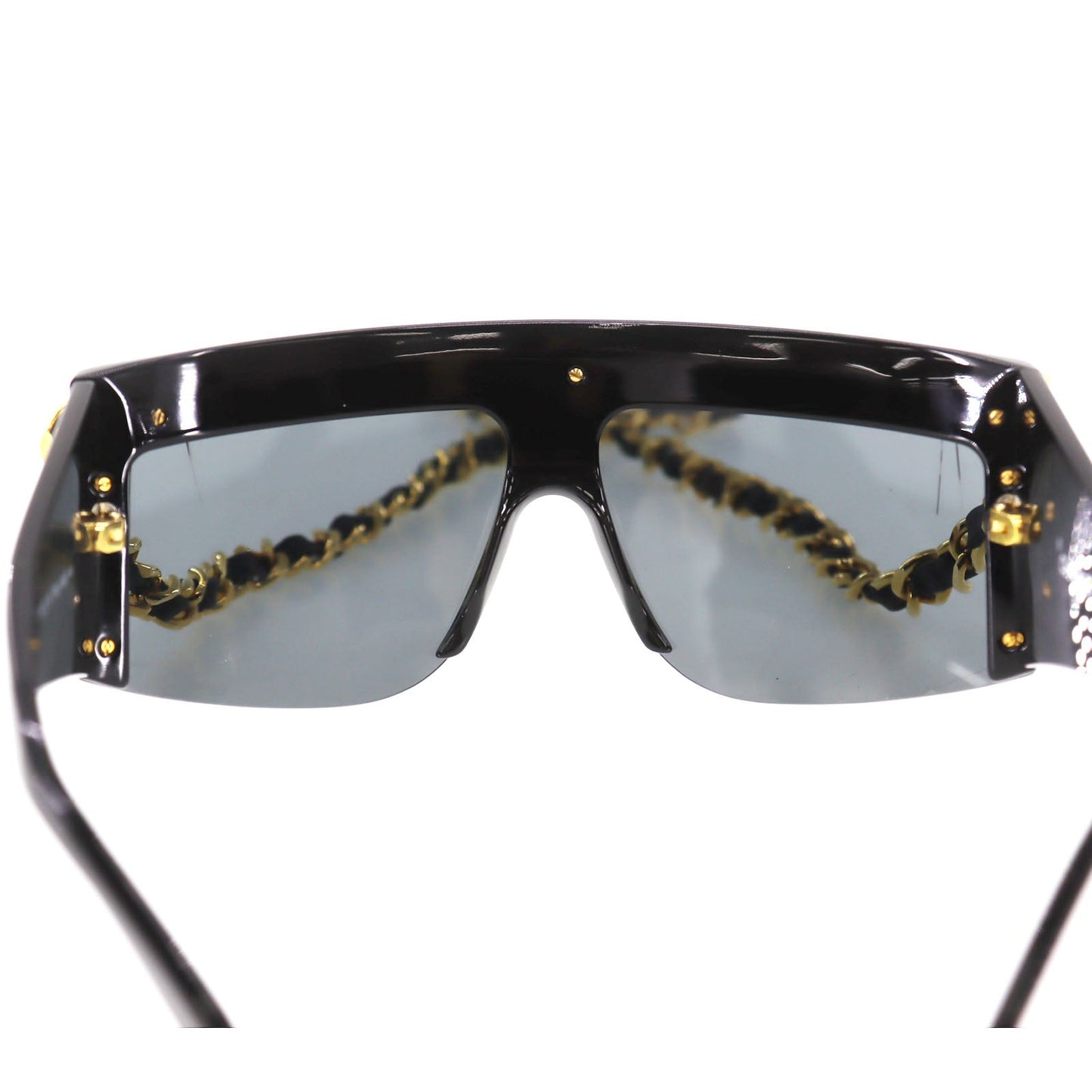 CHANEL Chain  Sunglasses Black Shield Eye Wear Italy #CW623