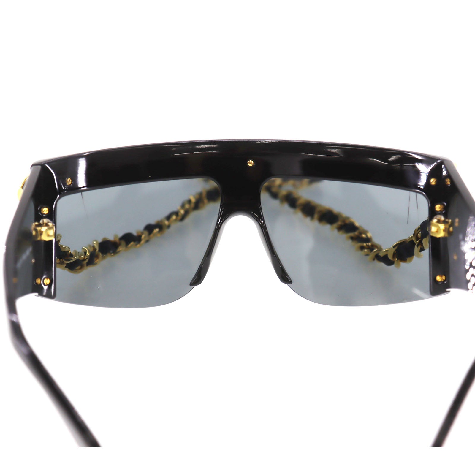 CHANEL Chain  Sunglasses Black Shield Eye Wear Italy #CW623
