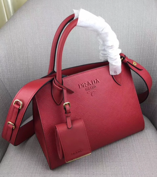Prada Monochrome Bag Leather Saffiano Red Travel Bag