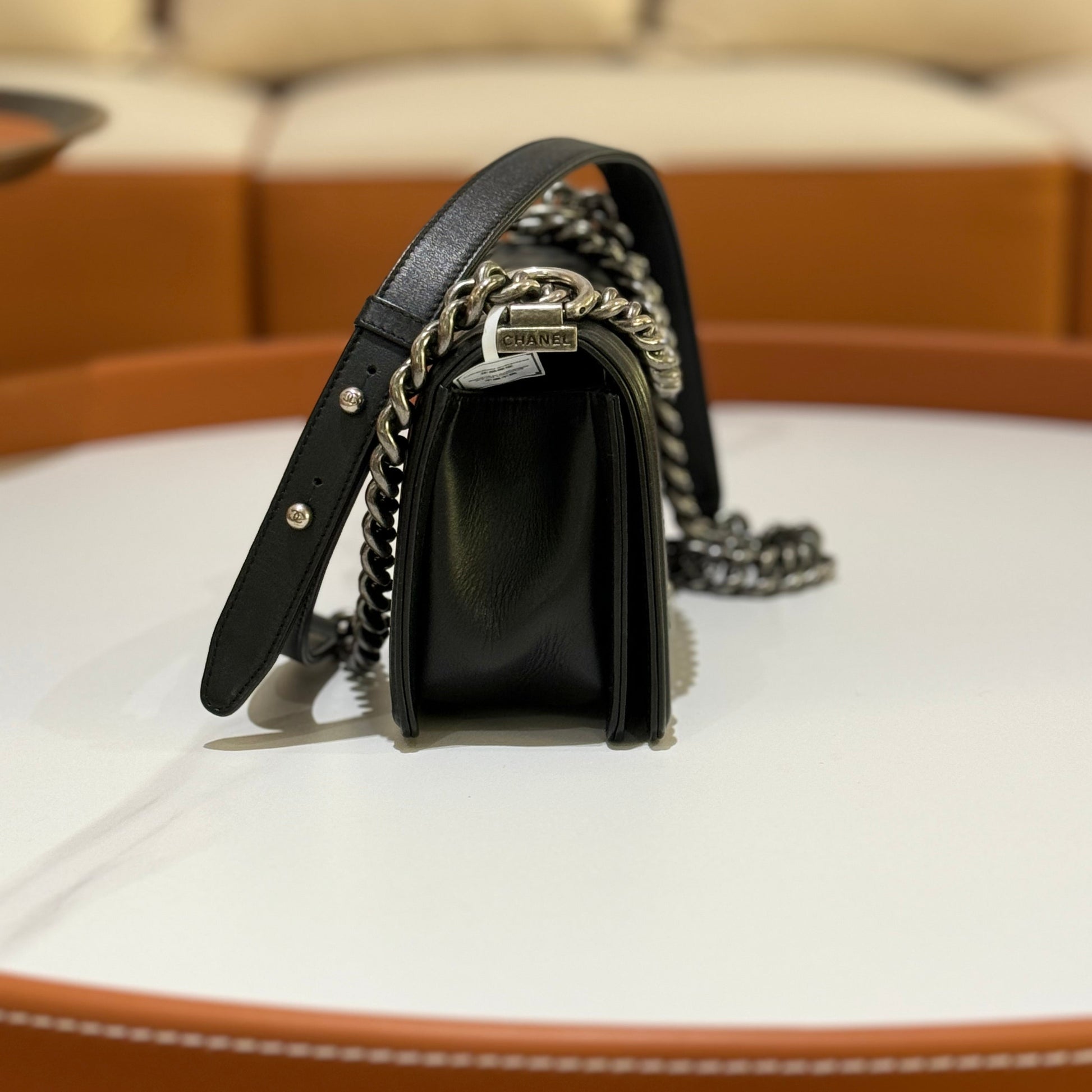 CHANEL LEBOY SMALL IN BLACK WITH SILVER CHAIN