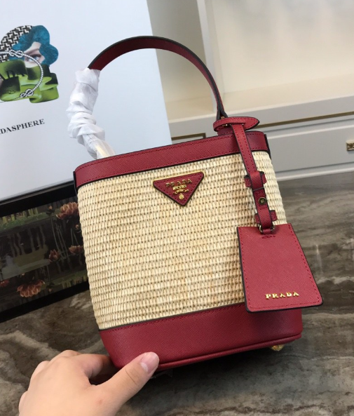 Prada Panier Straw Bag Red Medium Travel Bag
