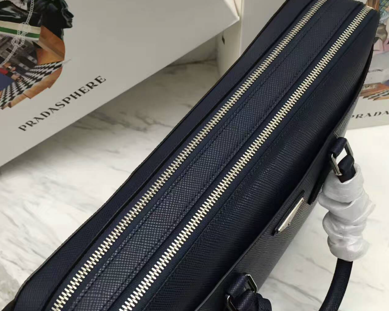 Prada Briefcase Luxury Handbag Leather Blue Navy Travel Bag