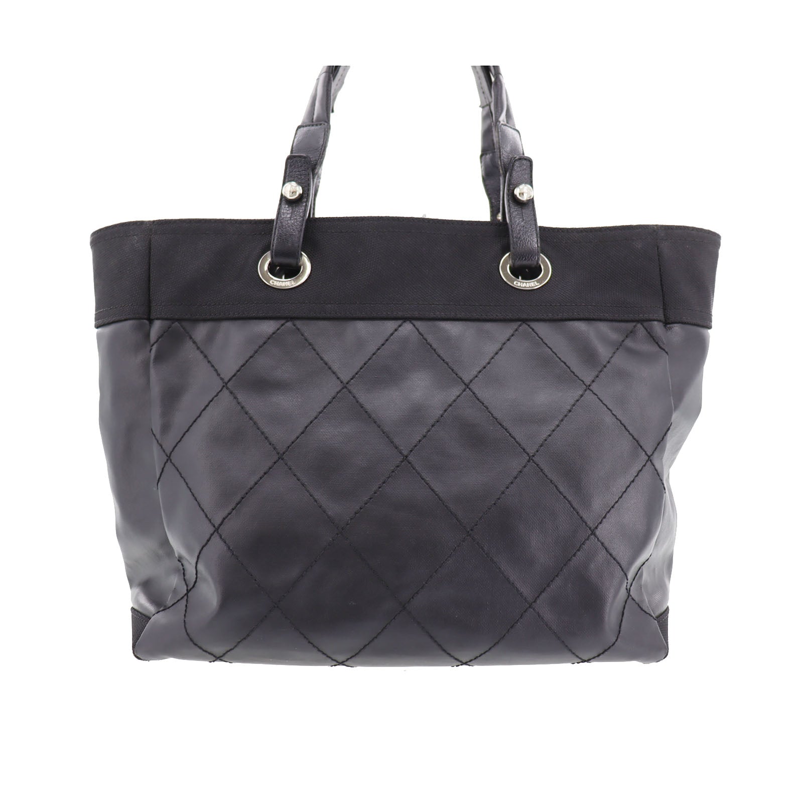 CHANEL Quilted Paris Biarritz Shoulder Tote Bag Black PVC #AH713