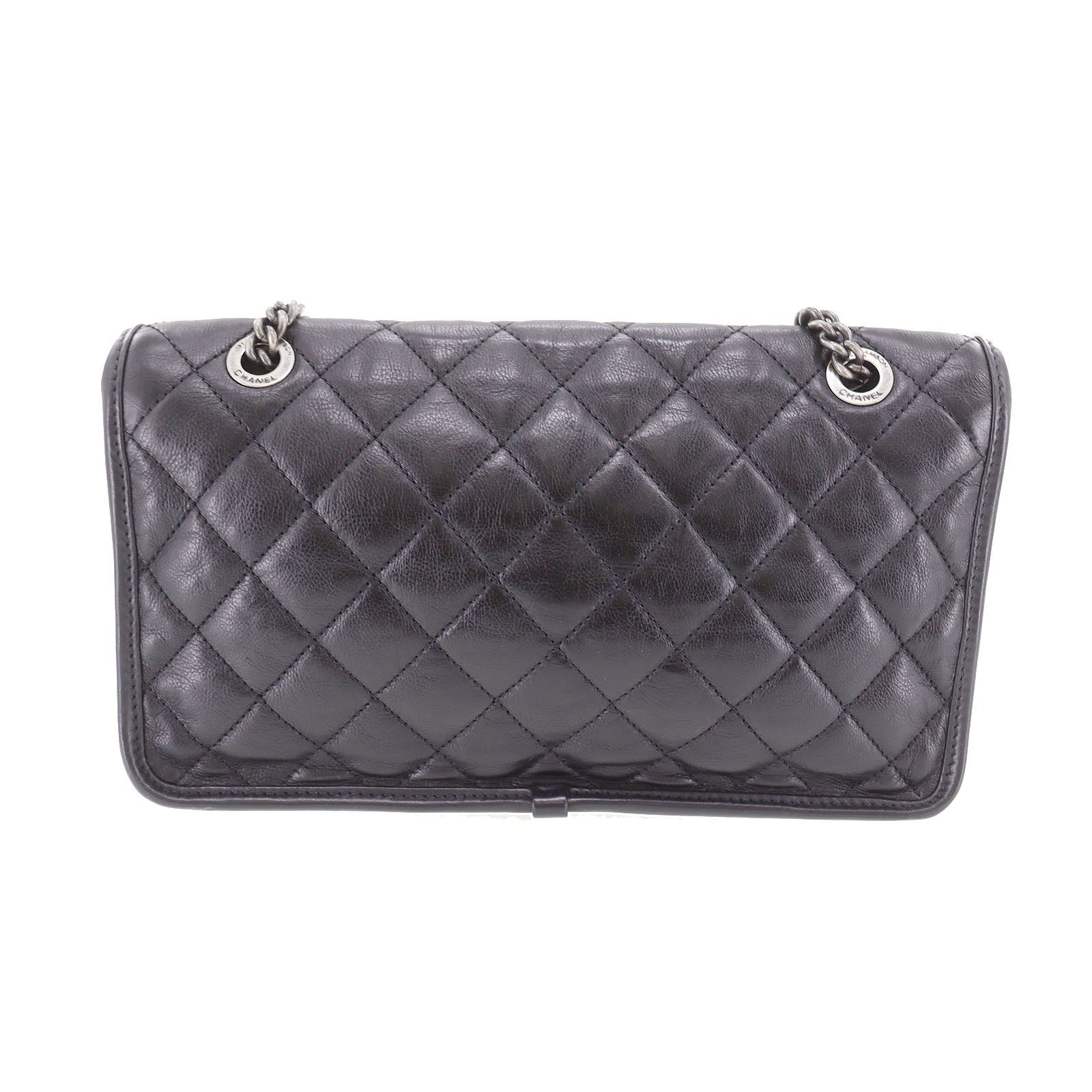 CHANEL Matelasse Frap French Riviera  Shoulder Bag Black Leather #CY690