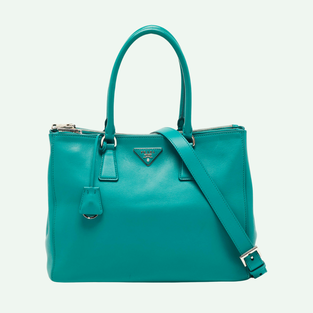 Prada City Calf Galleria Double Tote Bag Leather Green Medium