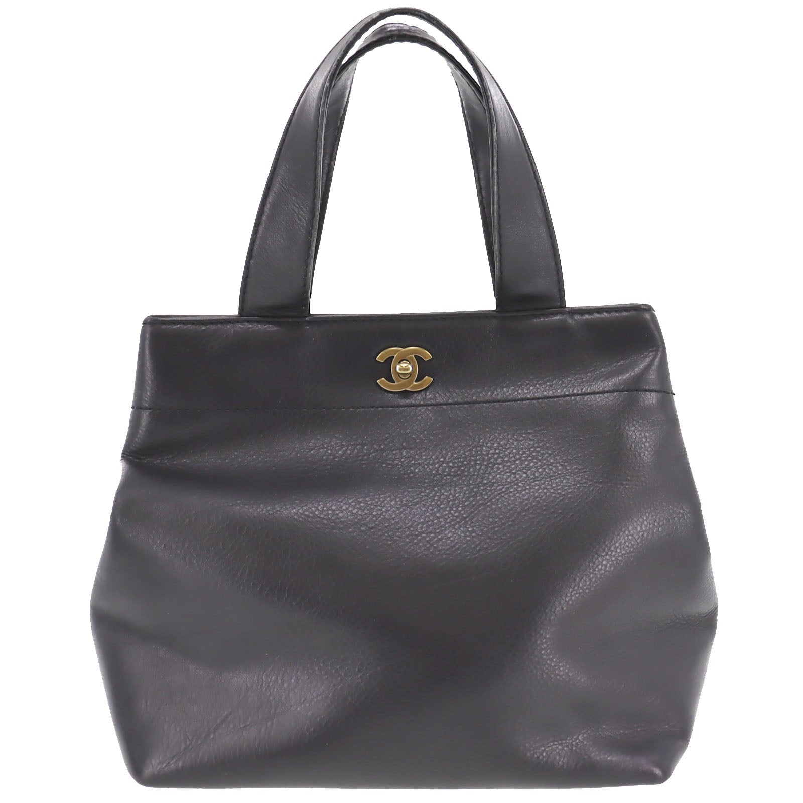 CHANEL CC Logo HandBag Black Leather #AH72