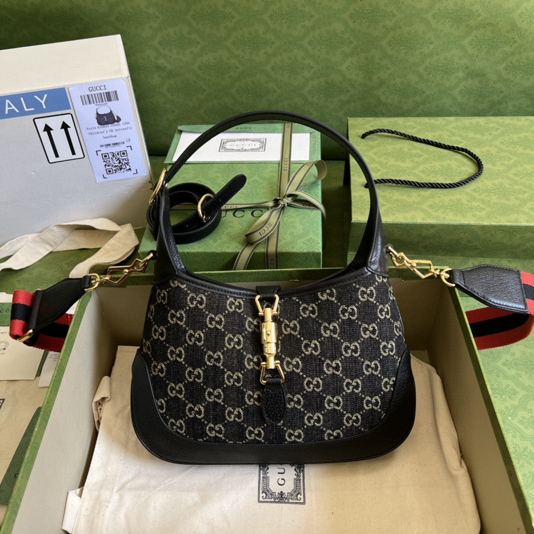 gg Jackie Ivory gg Jacquard Denim Black Small Shoulder Bag