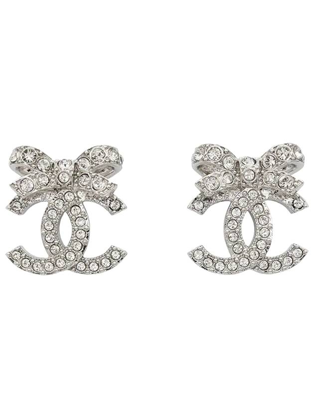 CC Logo Ribbon Metal Diamantes Crystal Earrings Silver Chanel