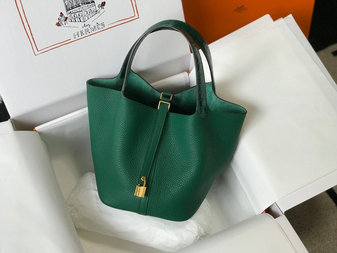 Top Quality Picotin Lock Bag With Toned Green Gold Travel Bag