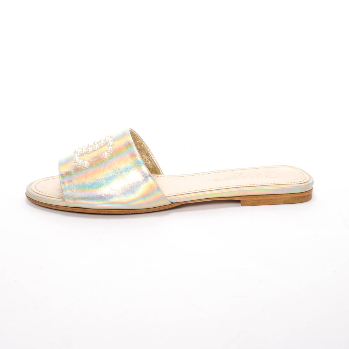 Chanel Champagne Iridescent Leather Cc Pearl Slides 39 Women Shoes