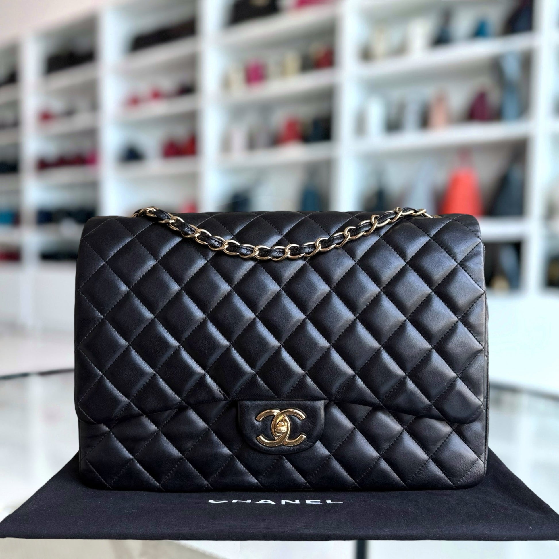 Chanel Classic Flap Maxi - Double Flap 33CM Quilted Lambskin Black Gold Hardware Series 14