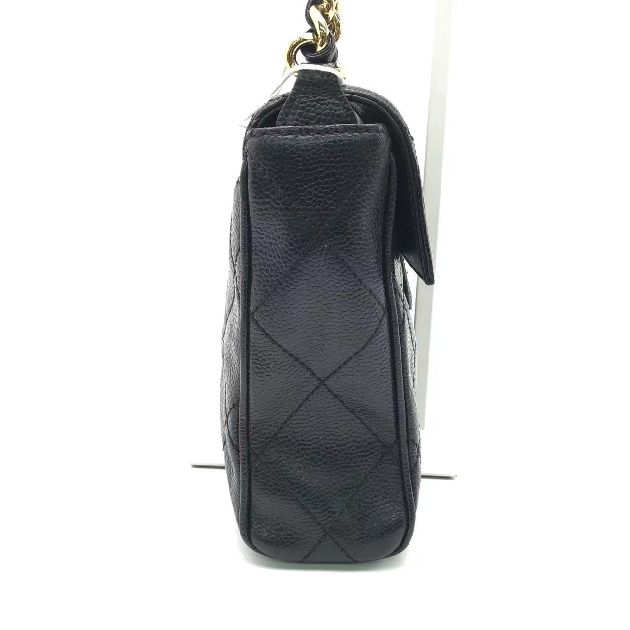 Chanel Single Flap Caviar 24k Black Gold Leather Handbag
