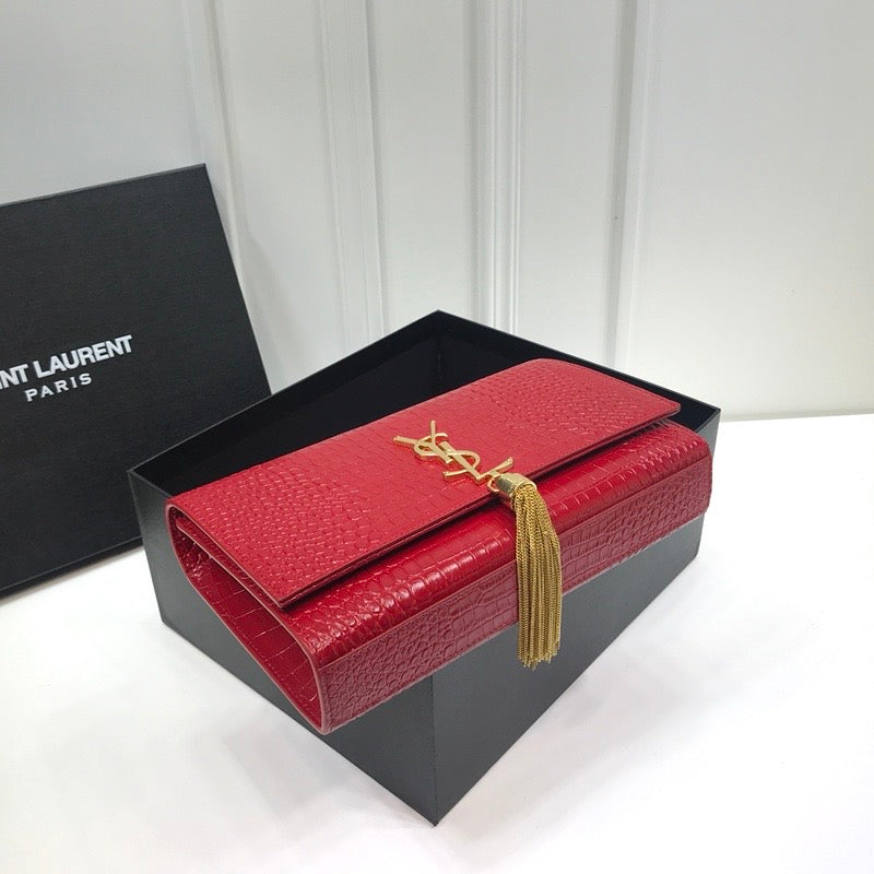YSL Saint Laurent Kate Tassel Embossed Crocodile 9in Red Medium Chain Handbag