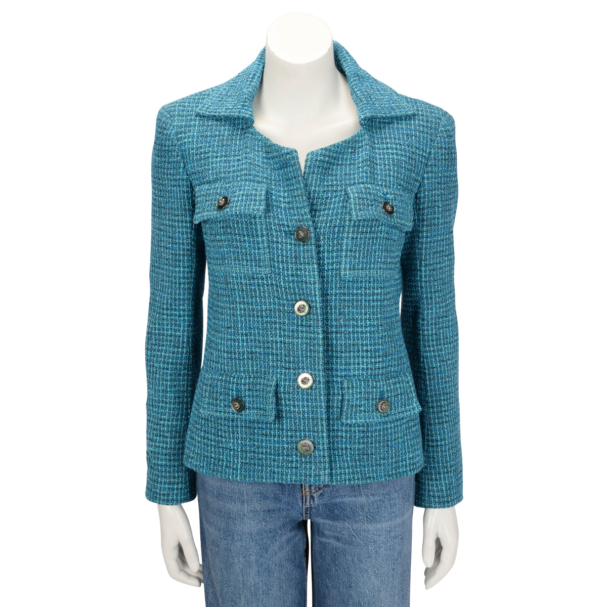 Chanel Turquoise Tweed Lion Button Jacket Fr 38
