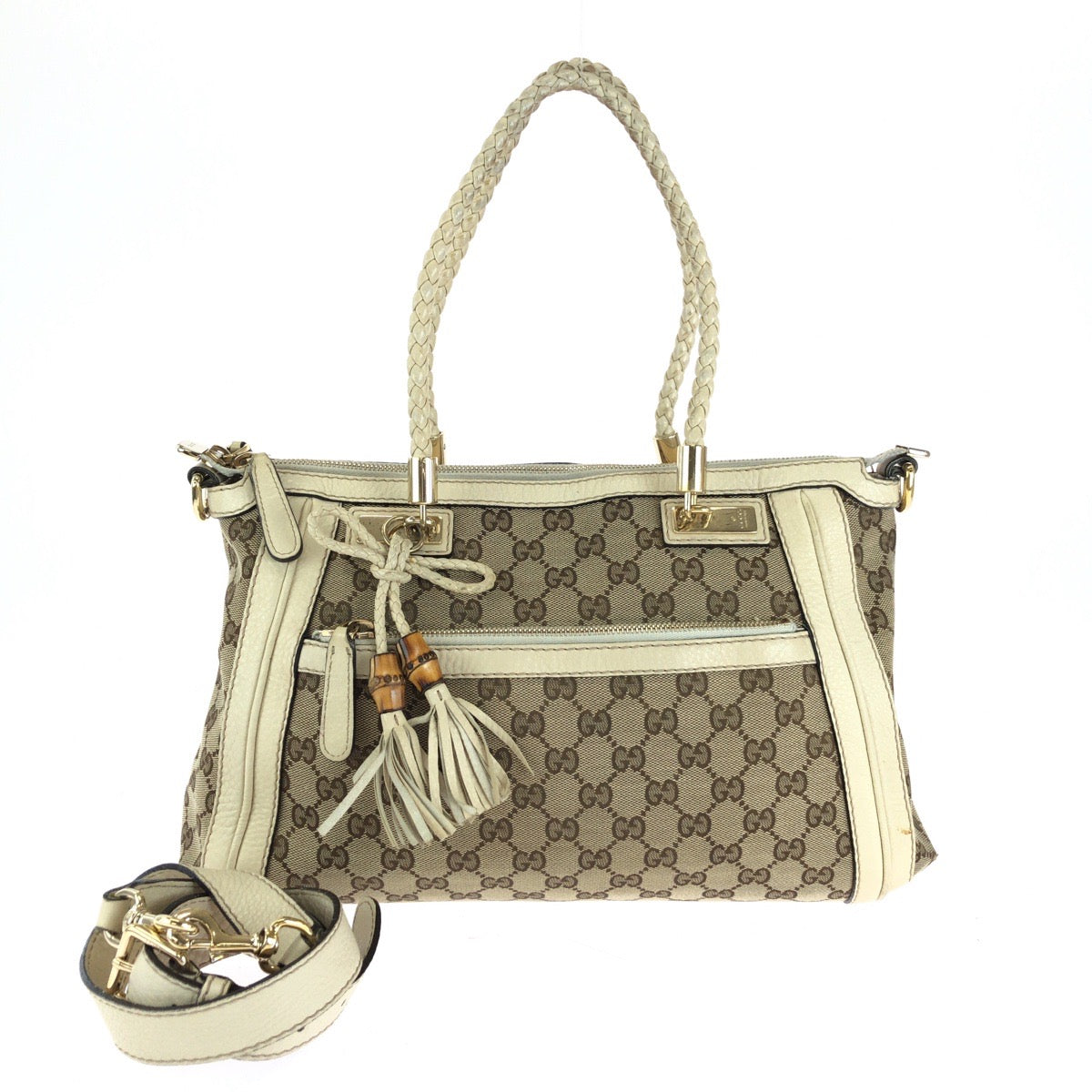 Gucci GG Ivory Metal Bella Canvas Beige Gold Shoulder Bag