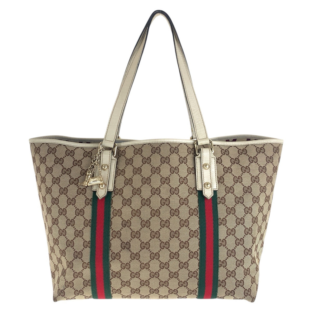 Gucci GG , Gold Metal Sherry Leather Canvas White Brown Shoulder Bag