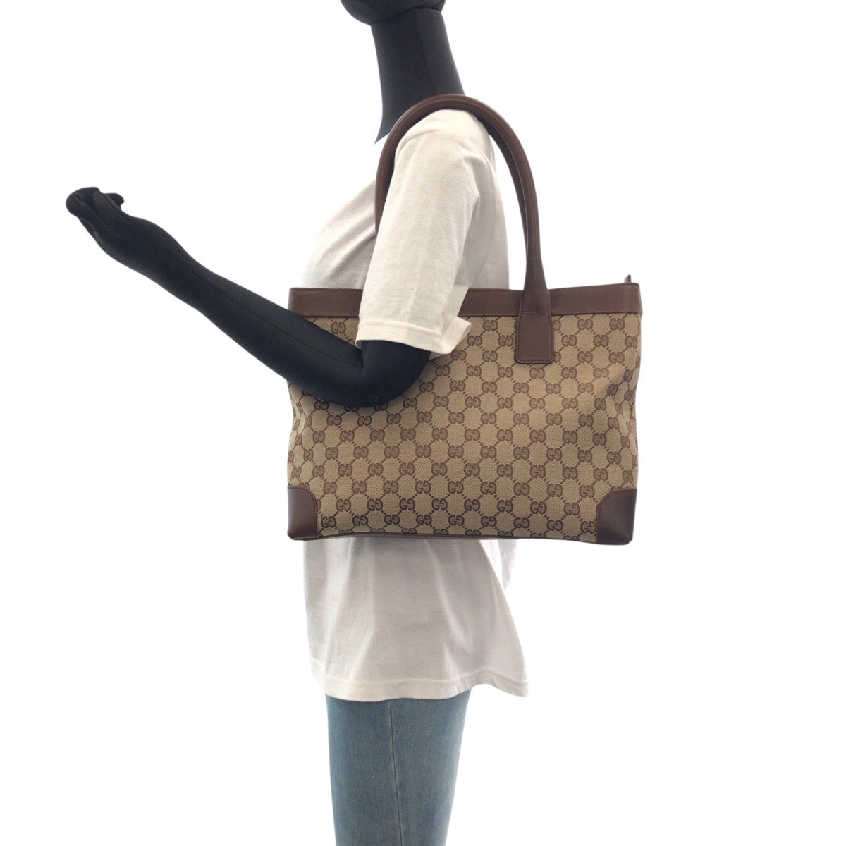 Gucci GG Leather Canvas Brown Beige Shoulder Bag