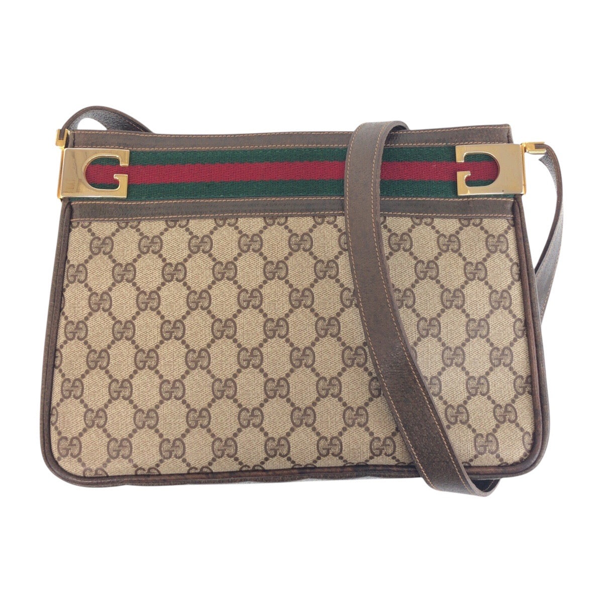 Gucci GG Supreme , Gold Metal Leather Canvas Brown Beige Shoulder Bag 2