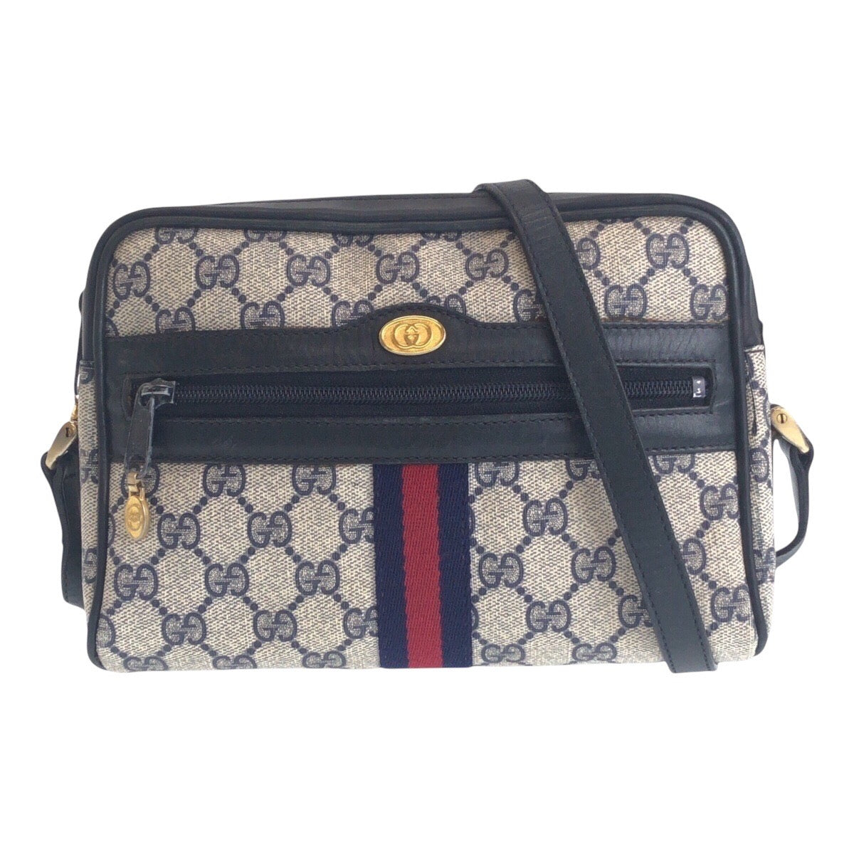 Gucci 010 378 GG Supreme , Leather Canvas Gold Navy Shoulder Bag