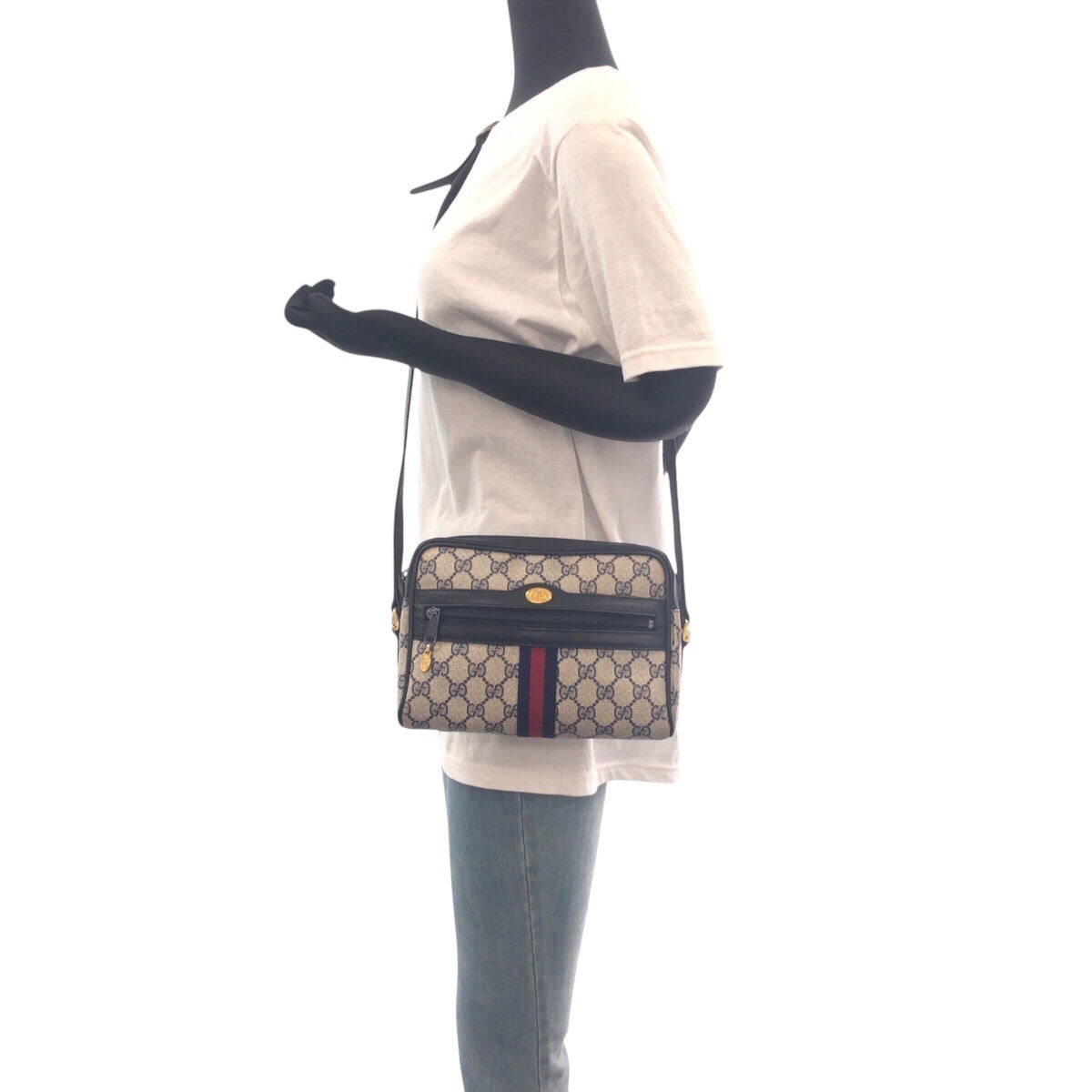 Gucci 010 378 GG Supreme , Leather Canvas Gold Navy Shoulder Bag