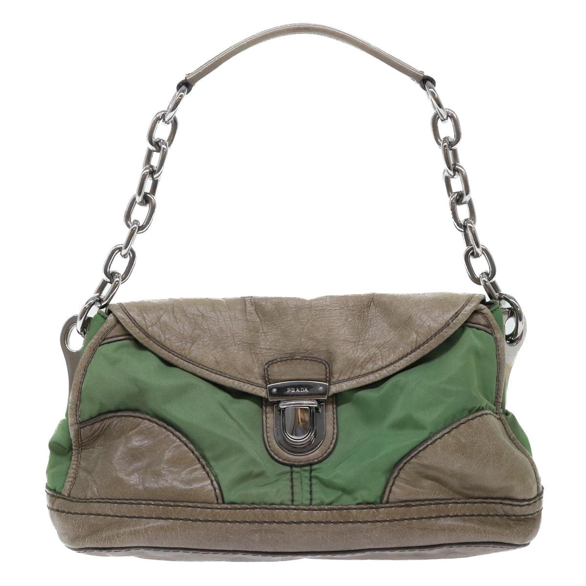 Prada Hand Bag Leather Nylon Green Travel Bag