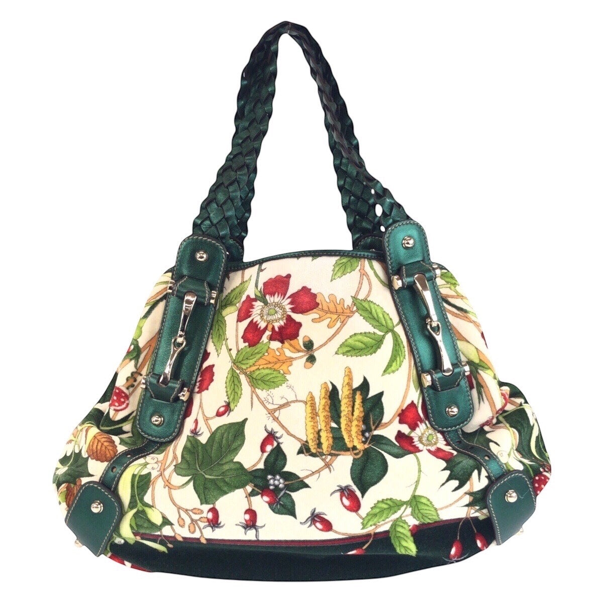 Gucci Velour, SilverMetal Horsebit Floral print Leather Green Multicolor Shoulder Bag