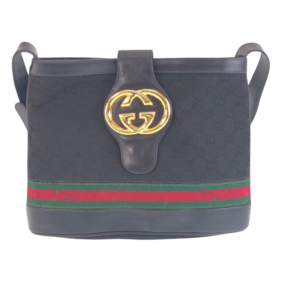 Gucci GG , GoldMetal Old Shelly Leather Canvas Black Shoulder Bag