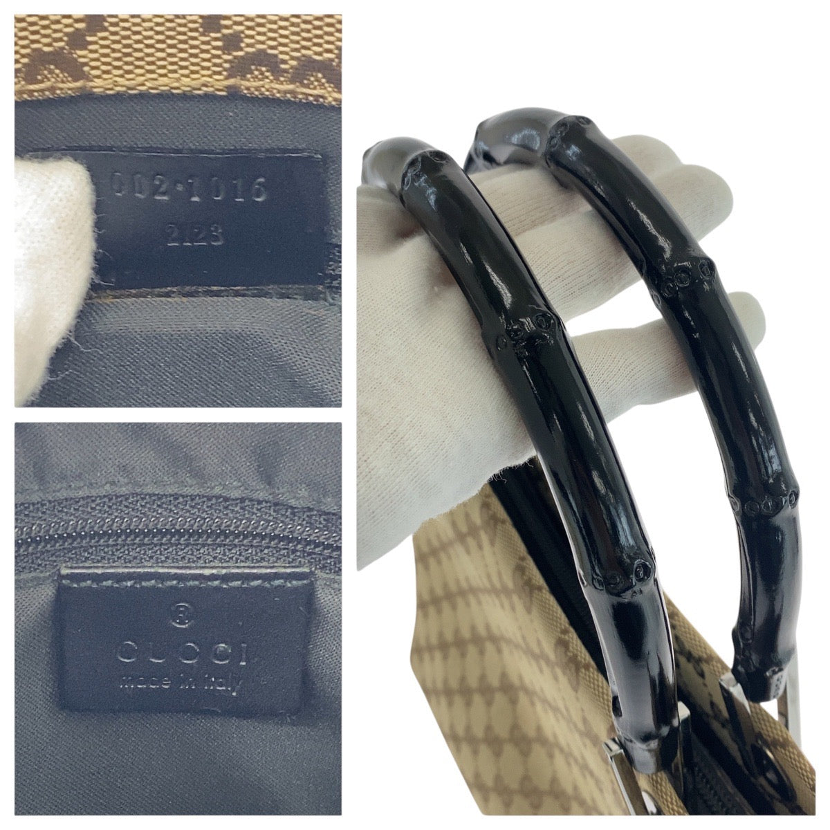 Gucci 002 GG SilverMetal Bamboo Canvas Black Beige Tote Bag