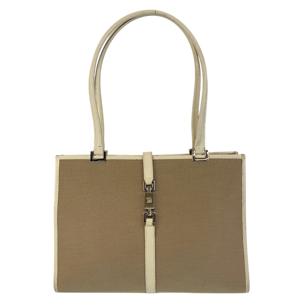 Gucci 002 Ivory SilverMetal Jackie Leather Canvas Beige Shoulder Bag