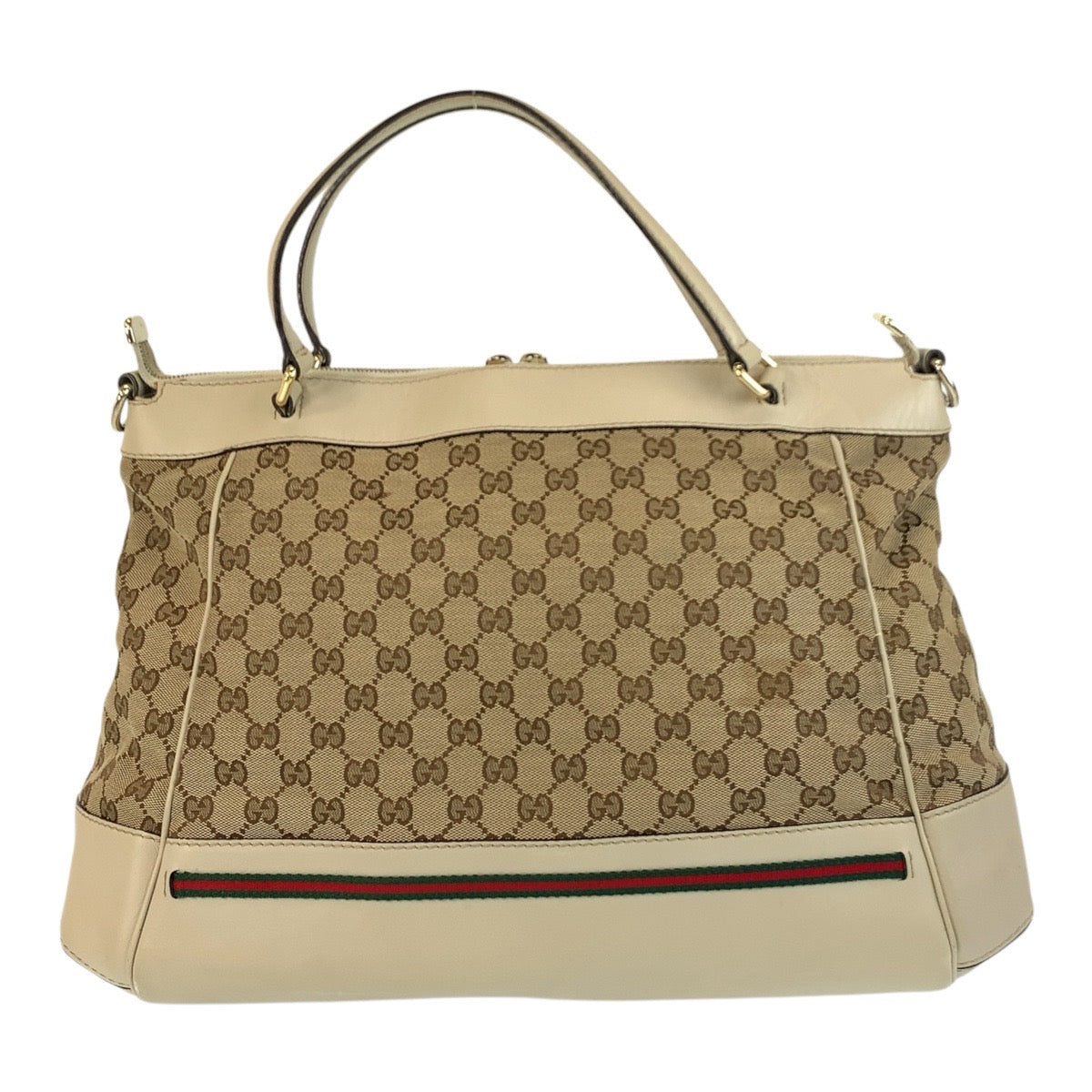 Gucci GG Sherry Line Leather Canvas Beige Gold Shoulder Bag