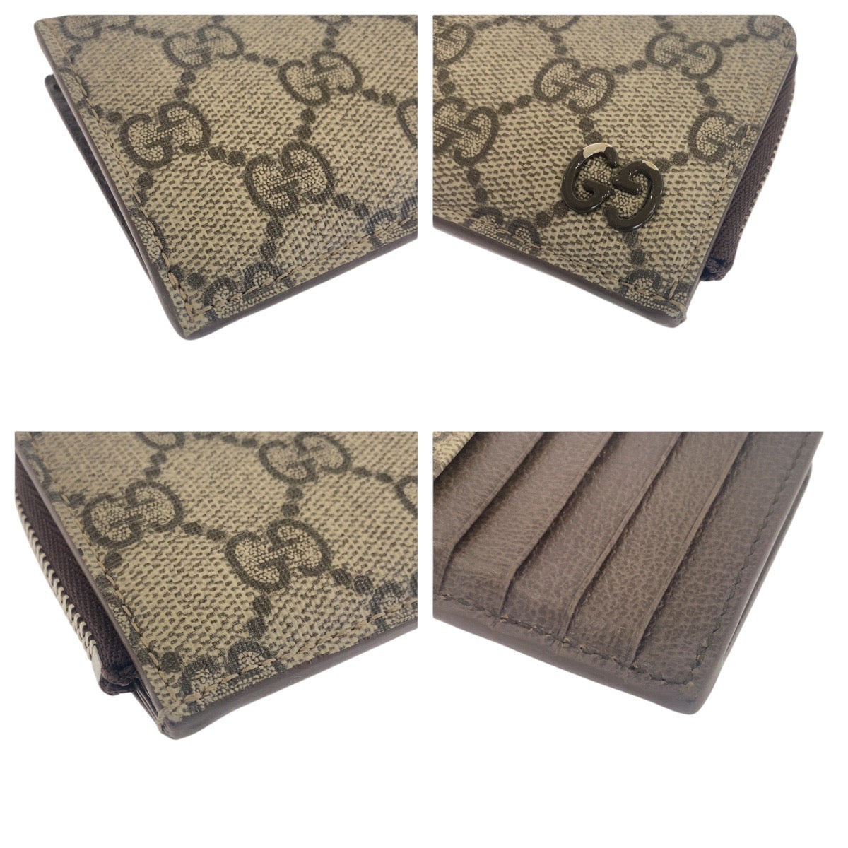Gucci GG Supreme SilverMetal Coin GG Canvas Brown Beige Wallet Case