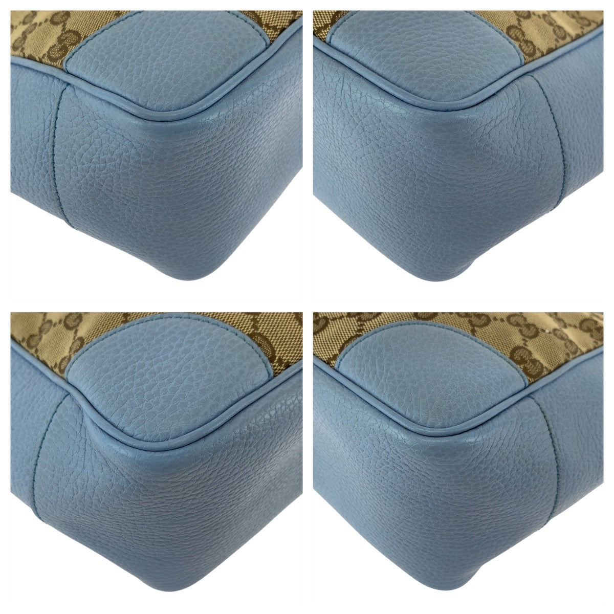 Gucci GG Gold Leather Canvas Beige Blue Shoulder Bag