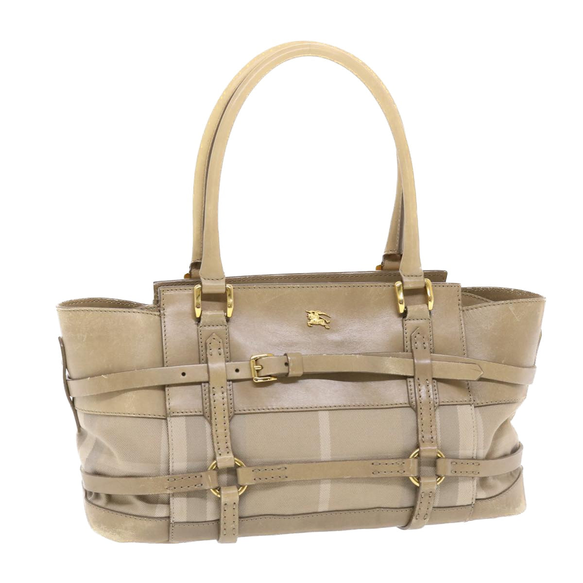 Burberry Luxury Nova Check Hand Bag Auth Leather Nylon Beige Travel Bag