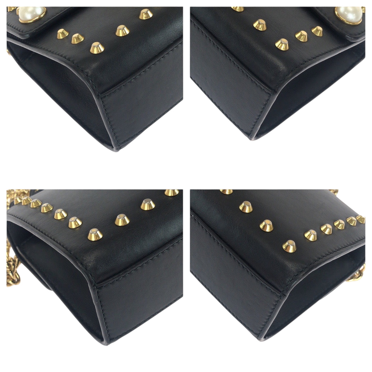 Gucci Metal ChainShoulder Pochette Studs Pearl Leather Black Gold Shoulder Bag