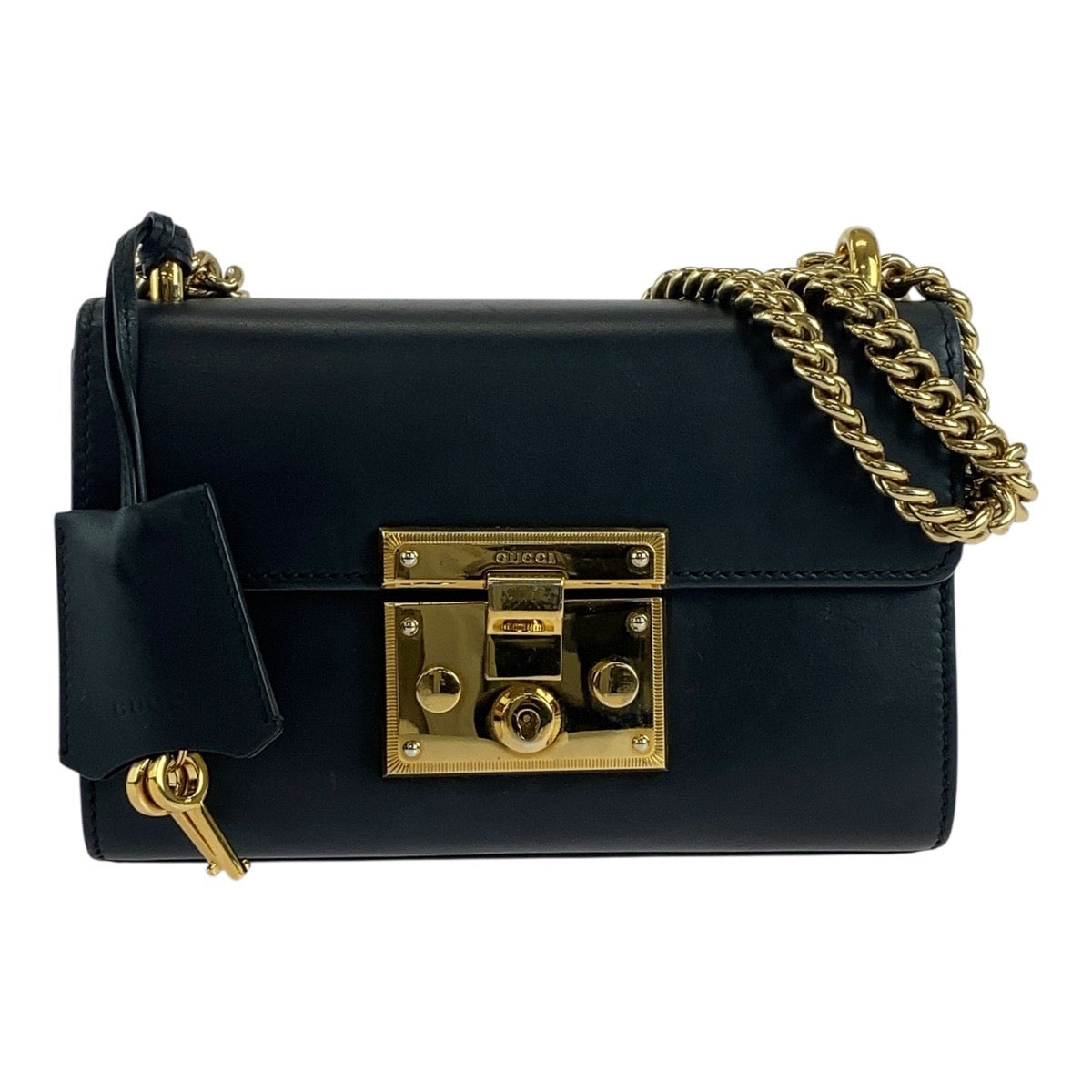 Gucci GoldMetal ChainShoulder Padlock Leather Black Shoulder Bag