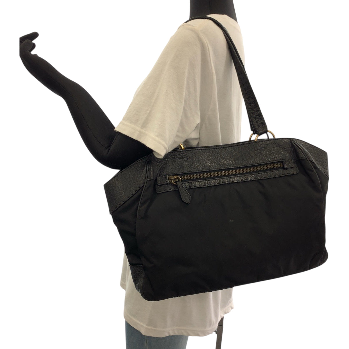 Gold Metal Handbag Shoulder Bag Vitello Dino Leather Nylon
