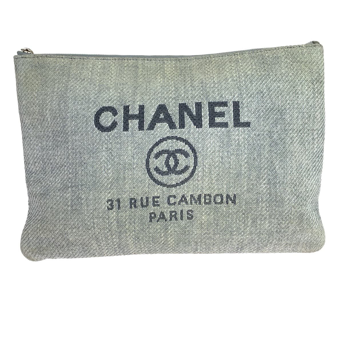 Chanel SilverMetal business Cruise line Deauville COCO Grey Canvas Clutch Bag