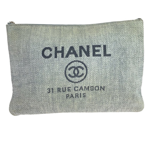 Chanel SilverMetal business Cruise line Deauville COCO Grey Canvas Clutch Bag